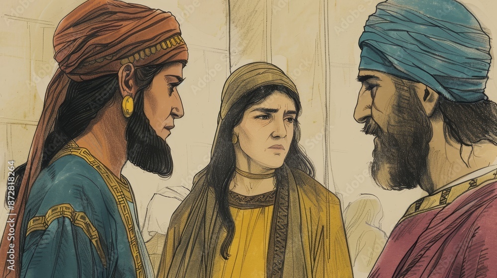 Fototapeta premium 1 Kings,Ahijah’s Prophecy Against Jeroboam,Biblical Illustration of Ahijah’s Prophecy Against Jeroboam, Deceit and Judgment, Themes of Divine Justice on Beige Background with Copyspace