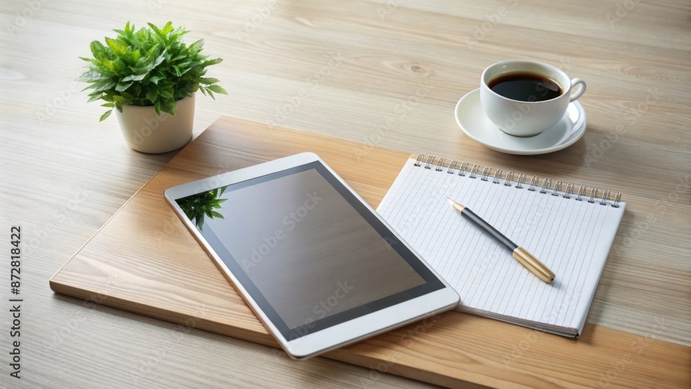 Minimalist workspace with tablet, notebook, and pen, business tools
Minimalist workspace with tablet, notebook, and pen, business tools