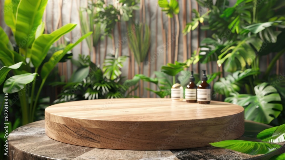 Teakwood podium in a tropical-themed bathroom, surrounded by exotic plants and natural spa products for a serene atmosphere. Teakwood podium in a tropical-themed bathroom, surrounded by exotic plants and natural spa products for a serene atmosphere.