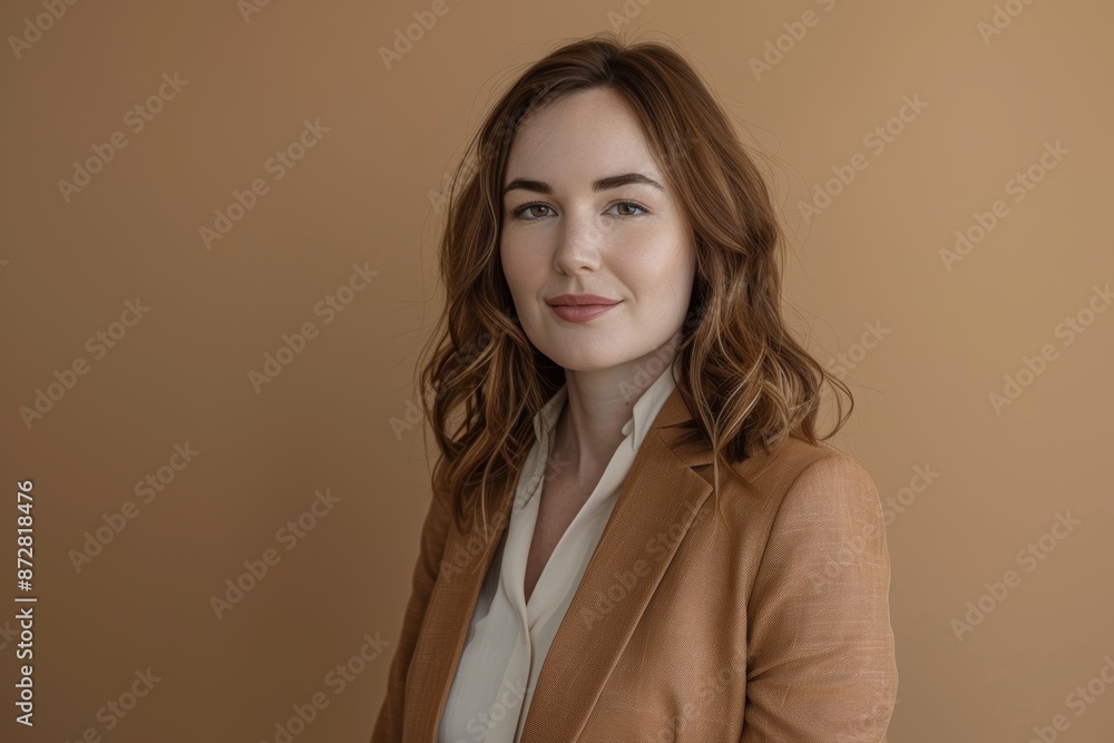 Portrait of a content caucasian woman in her 20s wearing a professional suit jacket in front of pastel brown background Portrait of a content caucasian woman in her 20s wearing a professional suit jacket in front of pastel brown background