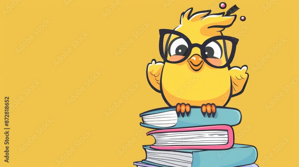 Yellow chick cartoon nerd with glasses sitting on books excitedly Yellow chick cartoon nerd with glasses sitting on books excitedly