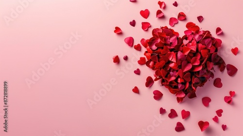 Valentine card with red heart from above on pink background with space for text