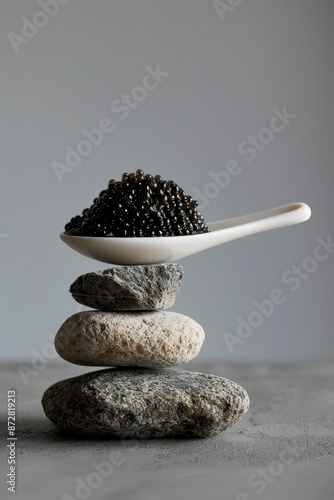 Asturian caviar served on a white marble background. Gourmet food served on a gruel base photo