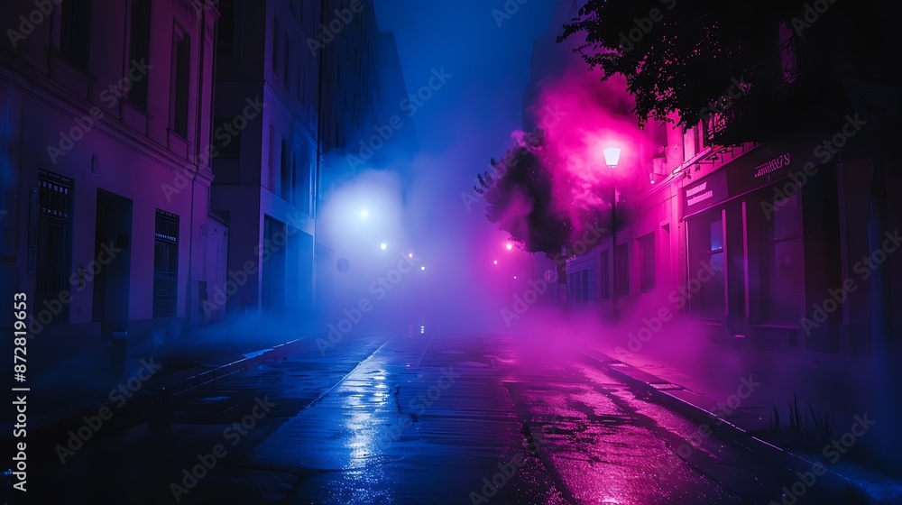 Naklejka premium A dark street, bathed in neon pink and blue lights, with night smog swirling around. Minimalistic, ultra HD quality.