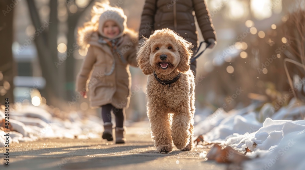 a smiling golden doodle on a leash going for a walk with a little girl, sunny day a smiling golden doodle on a leash going for a walk with a little girl, sunny day