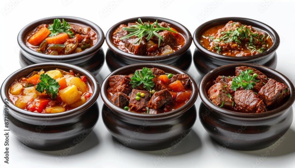 Tasty goulash. Set with cooked meat isolated on white Tasty goulash. Set with cooked meat isolated on white