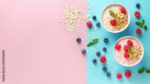 Colorful background with creative oatmeal and healthy breakfast for playful kids Top view layout with space for text