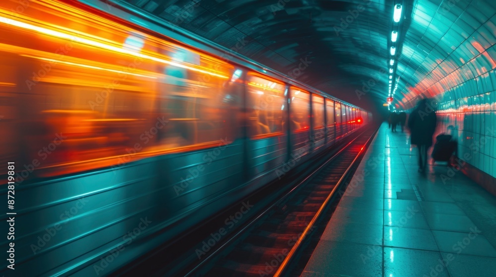 A subway train blurs by in a neon-lit tunnel, leaving only an abstract impression of its passage. A subway train blurs by in a neon-lit tunnel, leaving only an abstract impression of its passage.