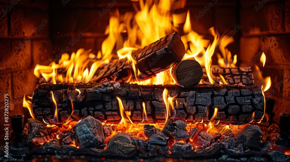 Fototapeta premium fireplace, burning wood, close up, flames
