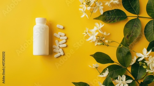 Pill bottle on yellow nature background Farmacy theme Top view Flat lay Space for text photo