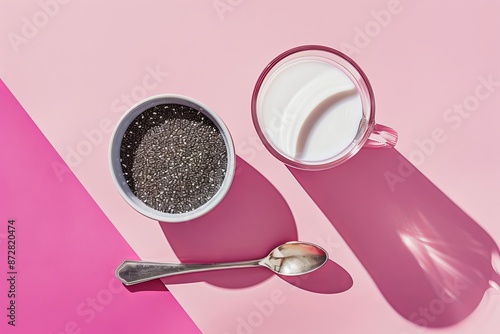 Chai and sesame seeds arranged on a rosy background with a jar of avena milk. photo