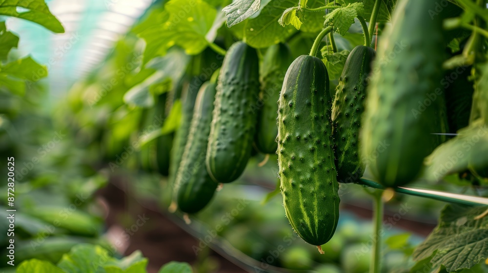 greenhouse, ripe cucumbers hanging gracefully from lush, verdant vines. greenhouse, ripe cucumbers hanging gracefully from lush, verdant vines.