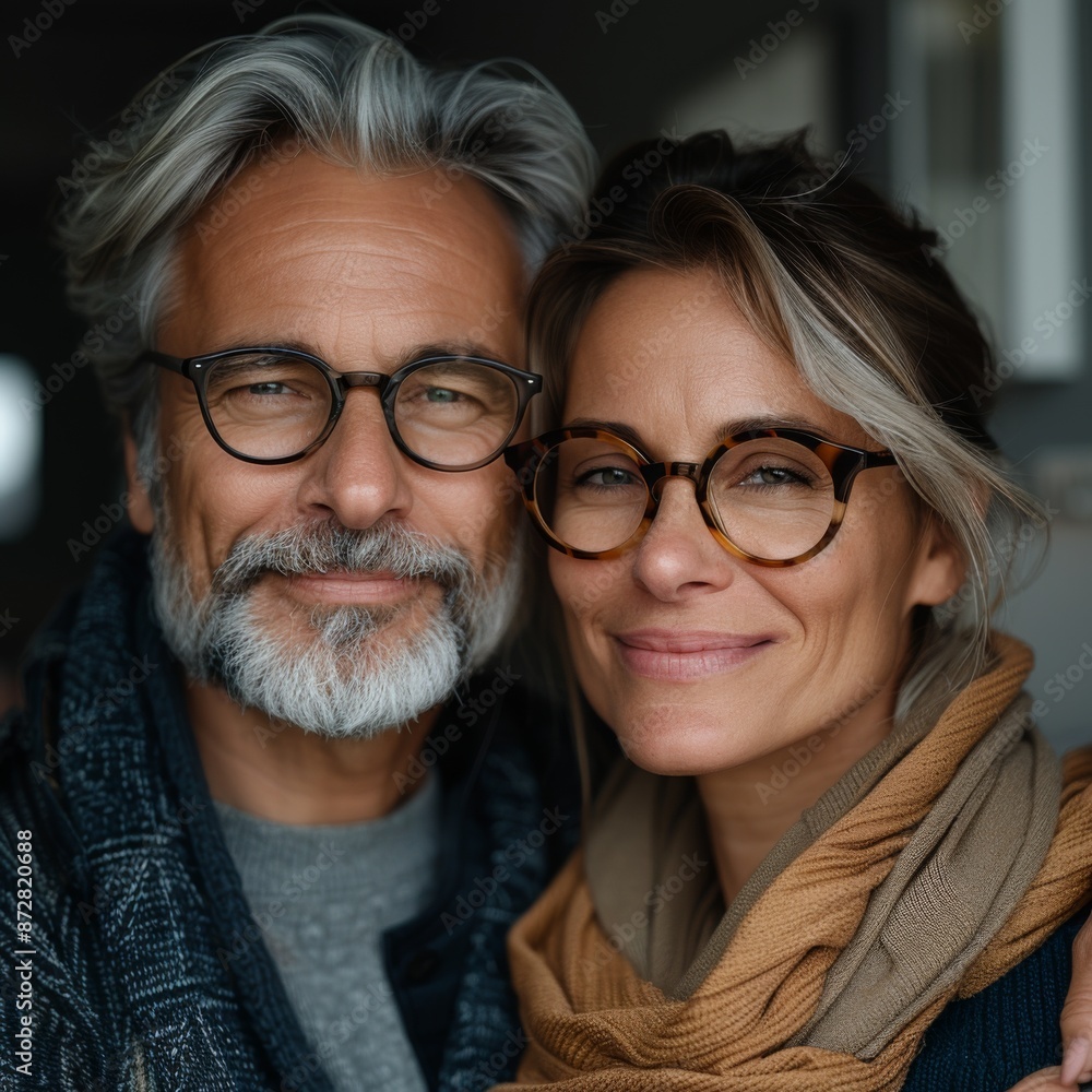 happy modern mature couple in optical modern eye ware posing to camera in modern light environment happy modern mature couple in optical modern eye ware posing to camera in modern light environment