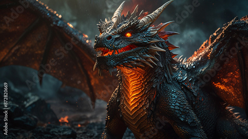 Within the seething depths of a volcanic crater resides a majestic dragon, its scales shimmering with the fiery glow of molten rock.