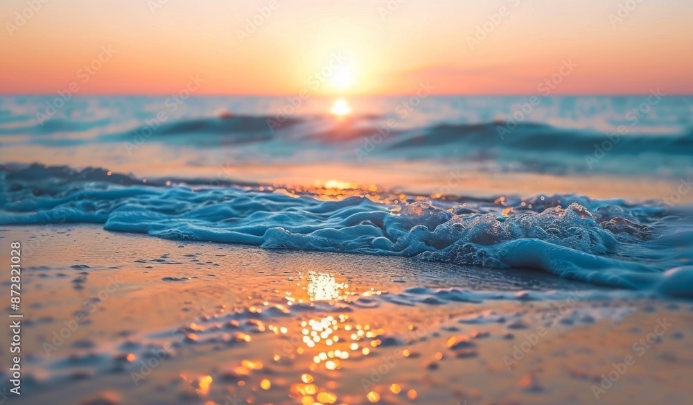 Beautiful sunset over the ocean with sand and waves on the beach, landscape photography, scenic Beautiful sunset over the ocean with sand and waves on the beach, landscape photography, scenic