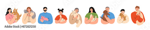 Set of people holding their pets. Happy domestic animal owners. Pet lowers concept. Flat vector illustration isolated on a white background.