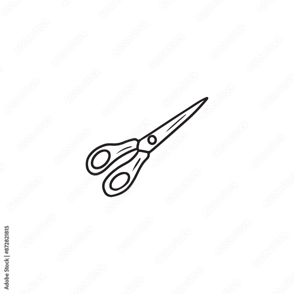 Small scissors for paper with plastic handle in black isolated on white background. Hand drawn vector sketch illustration in doodle engraved vintage line art style. School equipment Small scissors for paper with plastic handle in black isolated on white background. Hand drawn vector sketch illustration in doodle engraved vintage line art style. School equipment