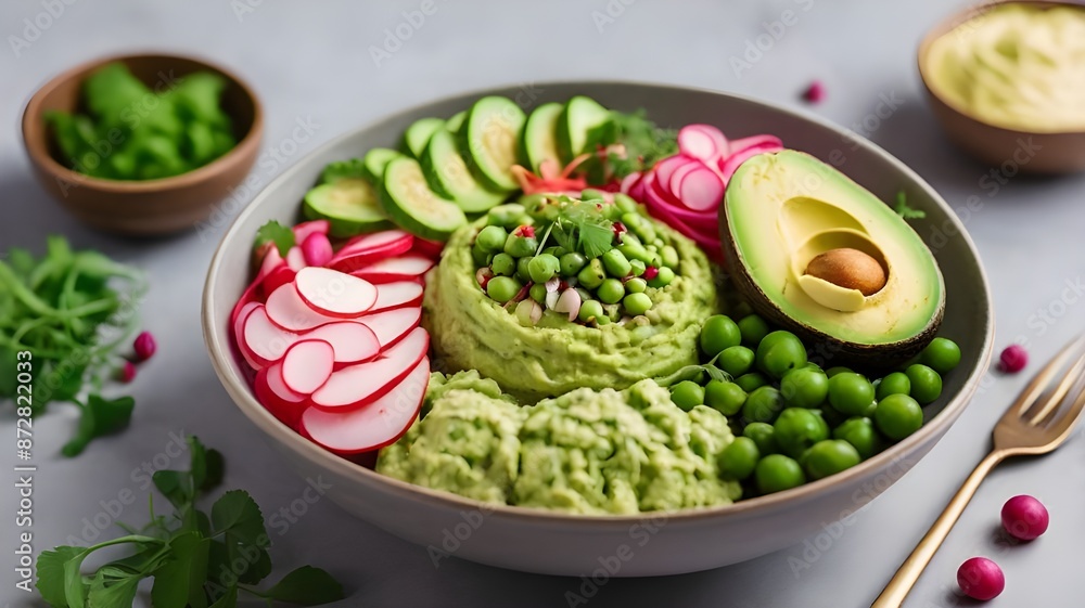 Photo of healthy vegan lunch bowl with falafel hummus tomato avocado peas Photo of healthy vegan lunch bowl with falafel hummus tomato avocado peas