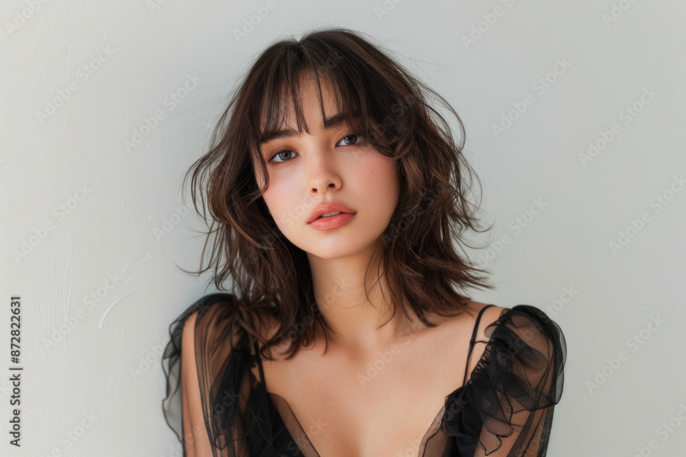 The portrait of a young woman wearing black lace clothing The portrait of a young woman wearing black lace clothing
