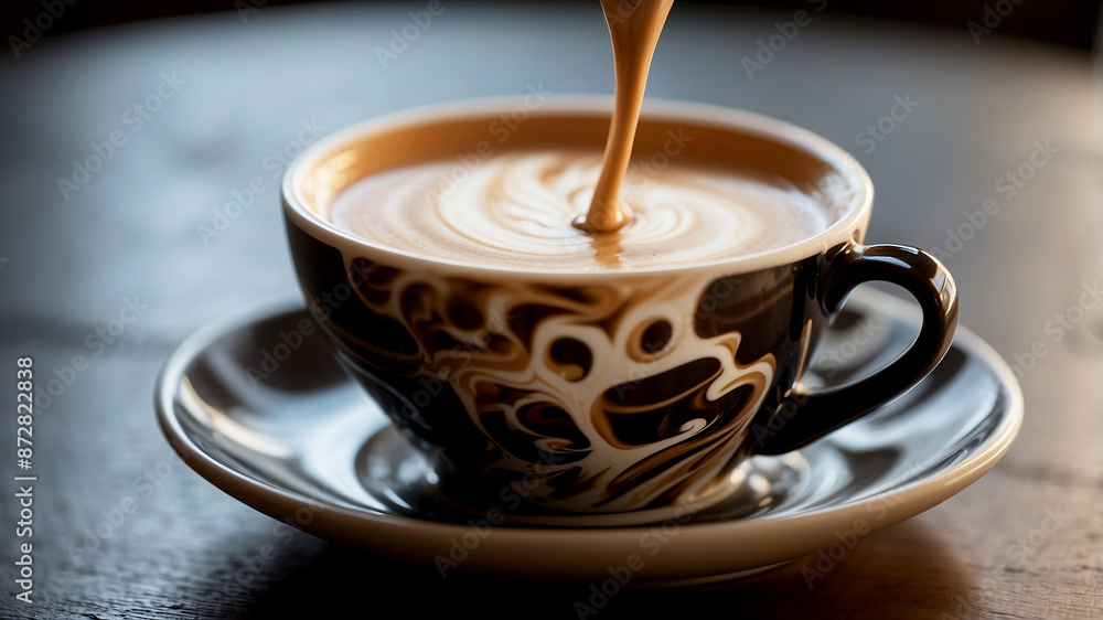 milk being poured into a cup of black coffee, forming intricate patterns and swirls as the two liquids blend milk being poured into a cup of black coffee, forming intricate patterns and swirls as the two liquids blend