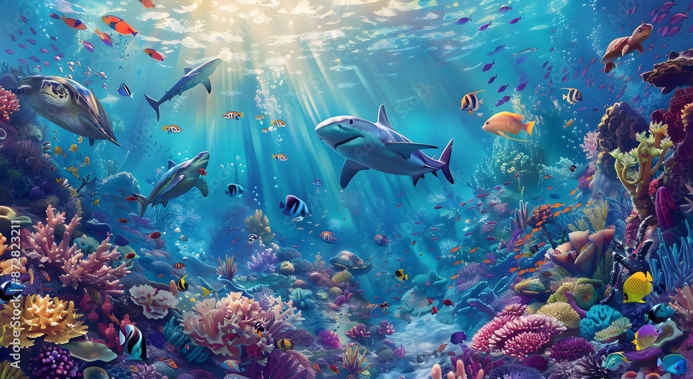 Fototapeta premium Underwater Paradise: Sharks, Turtles, and Vibrant Coral Reef