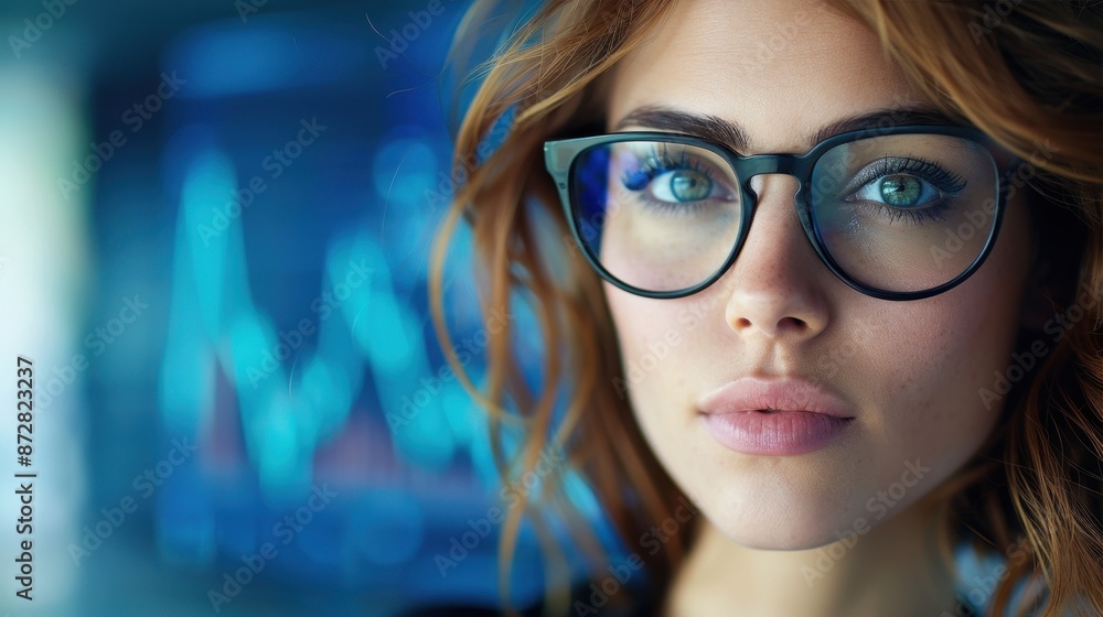 Confident Young Professional Woman with Glasses in Front of Digital Financial Data Display Confident Young Professional Woman with Glasses in Front of Digital Financial Data Display