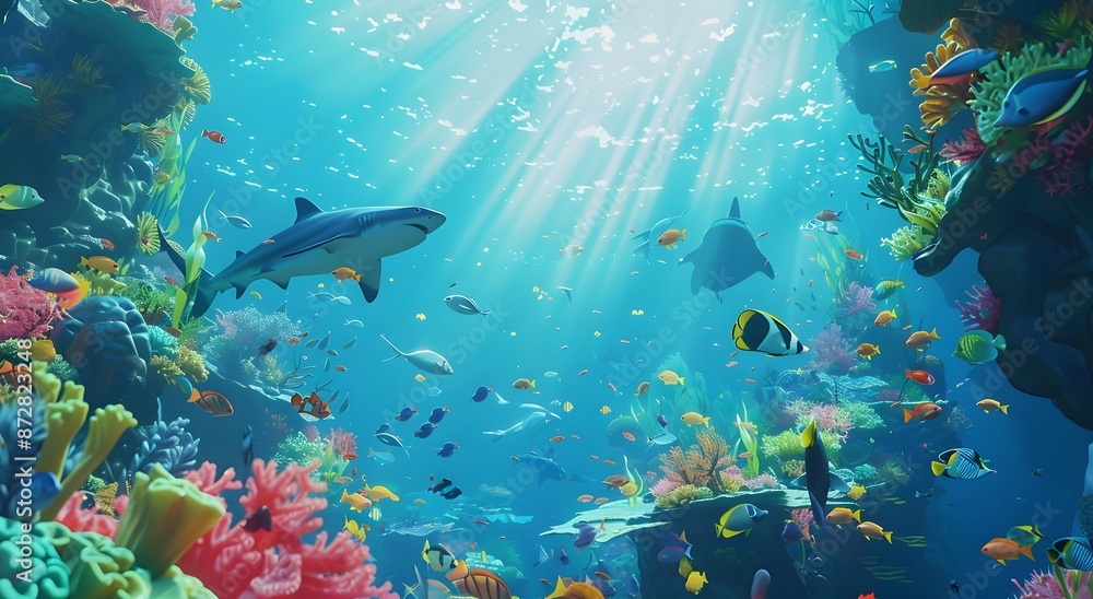 Fototapeta premium Underwater Coral Reef Scene with Sharks and Turtles