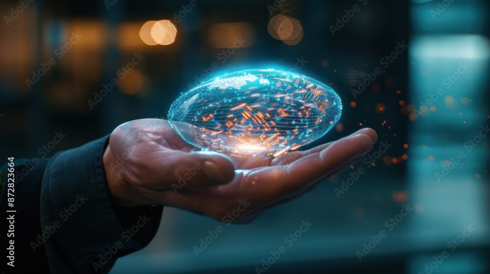 Fototapeta premium Futuristic Holographic Interface Displayed on Hand in Dark Modern Setting with Glowing Lights