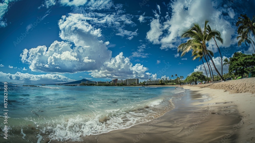 Obraz premium The wide angle shot shows palm trees and clear blue water. It was a sunny day with buildings in the background.