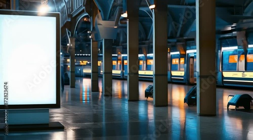Brightly lit train station at night with empty digital advertisement board in foreground and people walking on the platform.