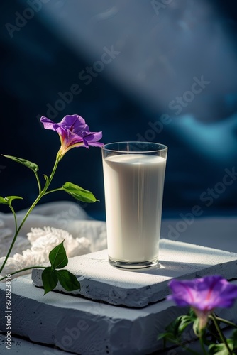 An elegant vase of fresh vaca milk on a white hornito stone with a blue background photo