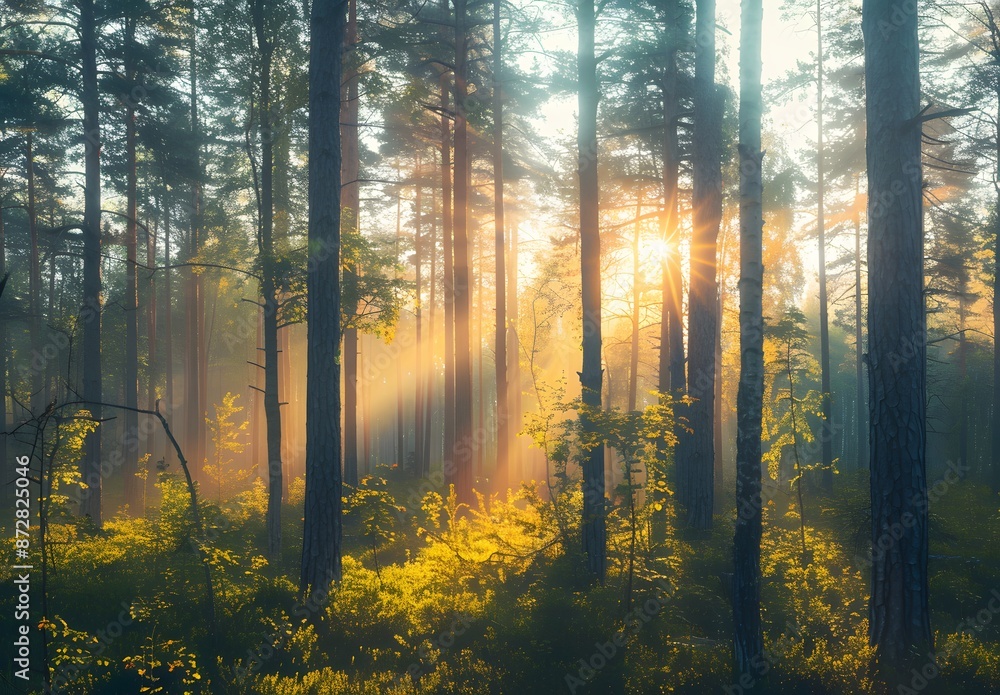 Fototapeta premium Sunbeams Through Tall Trees in Misty Forest