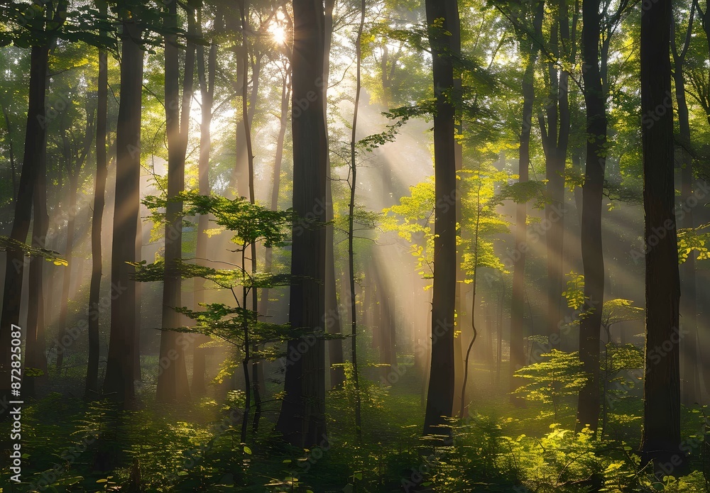 Obraz premium Enchanted Forest Sunbeams Through Trees