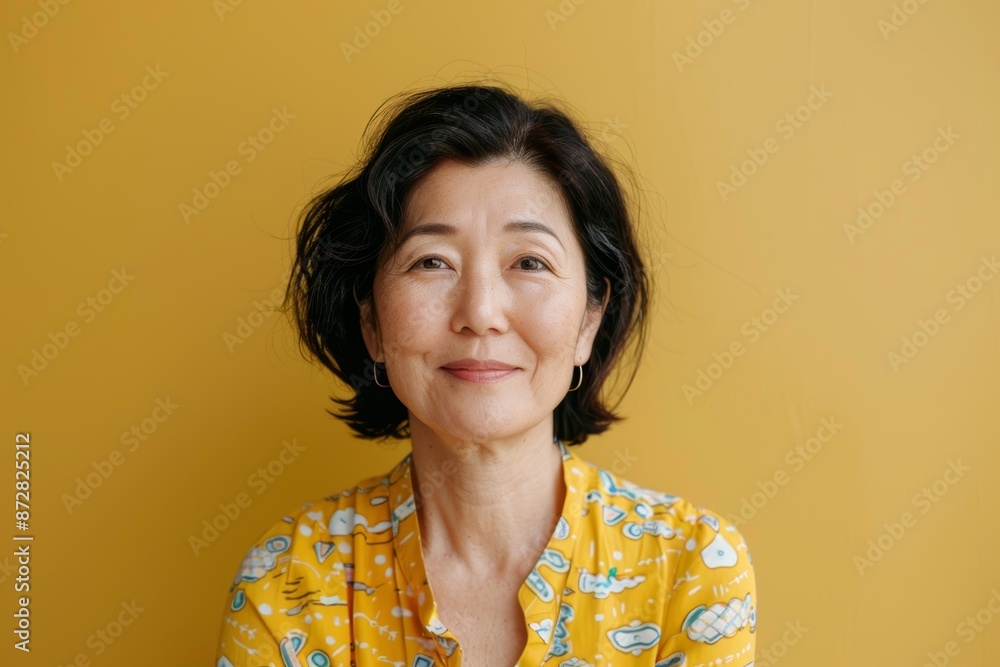 Portrait of a content asian woman in her 40s sporting a technical climbing shirt isolated on soft yellow background Portrait of a content asian woman in her 40s sporting a technical climbing shirt isolated on soft yellow background