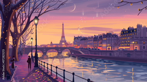 an illustration poster design of the day of paris, with river, street and eiffel tower, france travel poster photo