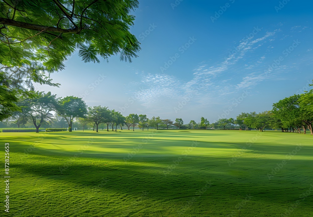 Green Grass Field with Trees and Blue Sky Green Grass Field with Trees and Blue Sky