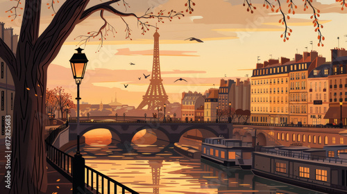 Fototapeta Naklejka Na Ścianę i Meble -  an illustration poster design of the day of paris, with river, street and eiffel tower, france travel poster