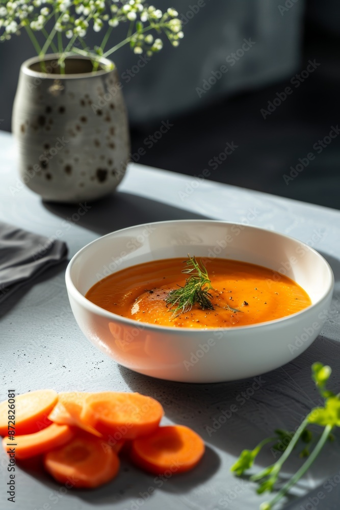On a green background, zanahoria cream with fresh perejil and zanahoria sauce On a green background, zanahoria cream with fresh perejil and zanahoria sauce