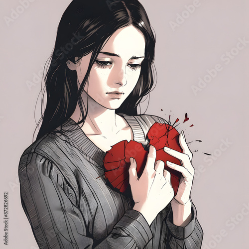 A sad woman with a broken heart in her hands