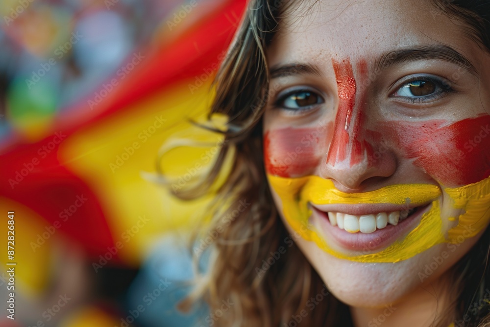 Portrait of beautiful fan girl from Spain with painted face in colors of Spanish flag. Cheering for her team to Win. European Championship. Generative Ai Portrait of beautiful fan girl from Spain with painted face in colors of Spanish flag. Cheering for her team to Win. European Championship. Generative Ai