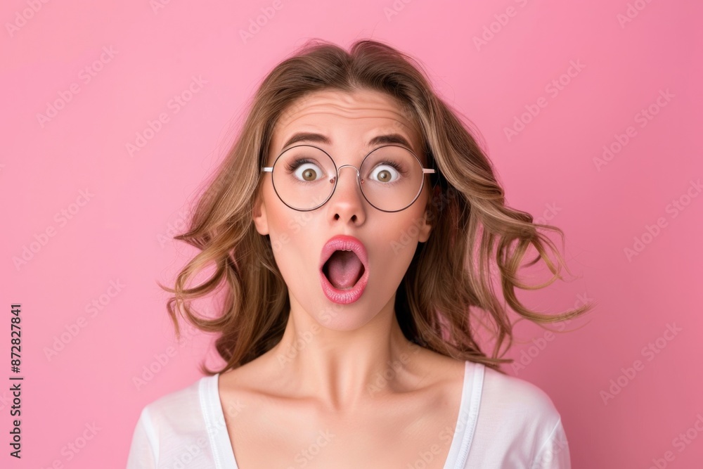 Surprised Glasses. Young Woman Wearing Glasses Expressing Surprise Over Pink Background Surprised Glasses. Young Woman Wearing Glasses Expressing Surprise Over Pink Background