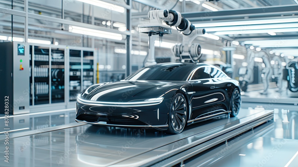 A Gleaming Black Electric Car Rolls Through the Assembly Line A Gleaming Black Electric Car Rolls Through the Assembly Line