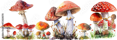Set of watercolor amanita muscaria mushrooms