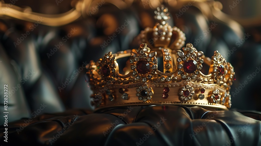 A golden crown adorned with precious jewels, resting on a plush black velvet cushion, fit for royalty. A golden crown adorned with precious jewels, resting on a plush black velvet cushion, fit for royalty.