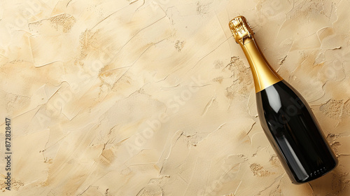 Flat Lay Composition with Bottle of Champagne and Space for Text on Color Background, Celebration Concept, Festive Beverage Arrangement