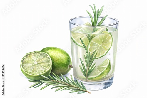 Fresh lime wedge and ice cubes suspended in a refreshing transparent glass filled with fizzy soda water and garnished with a sprig of rosemary.