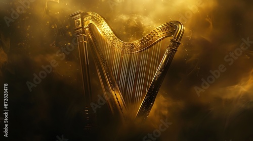 A golden harp bathed in soft light against a backdrop of velvety darkness, its strings poised to create melodies of enchantment.