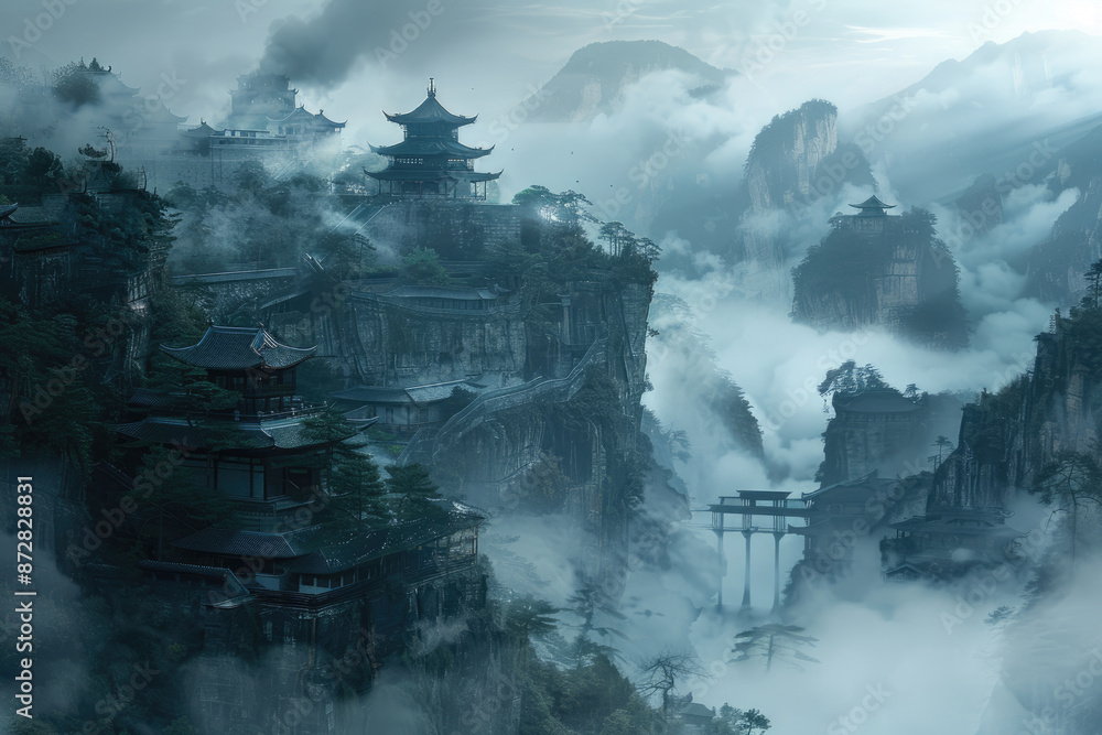 Illustrations of high mountain waterfalls and palaces Illustrations of high mountain waterfalls and palaces