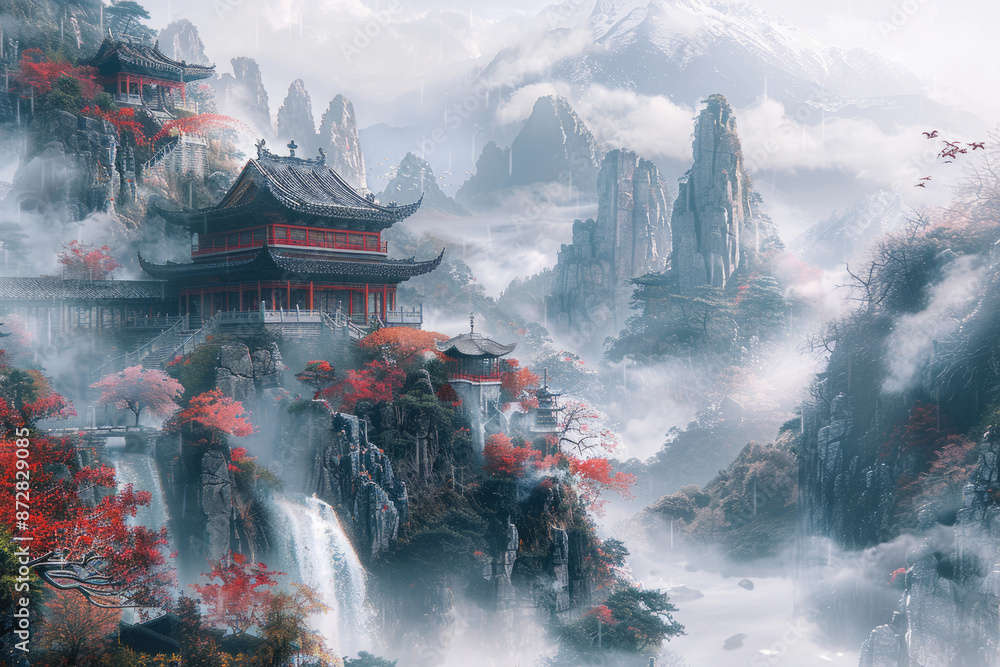 Obraz premium Illustrations of high mountain waterfalls and palaces