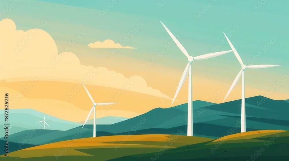 Obraz premium Wind turbines on a scenic hillside during a beautiful sunset, promoting renewable energy and sustainability in a tranquil setting.
